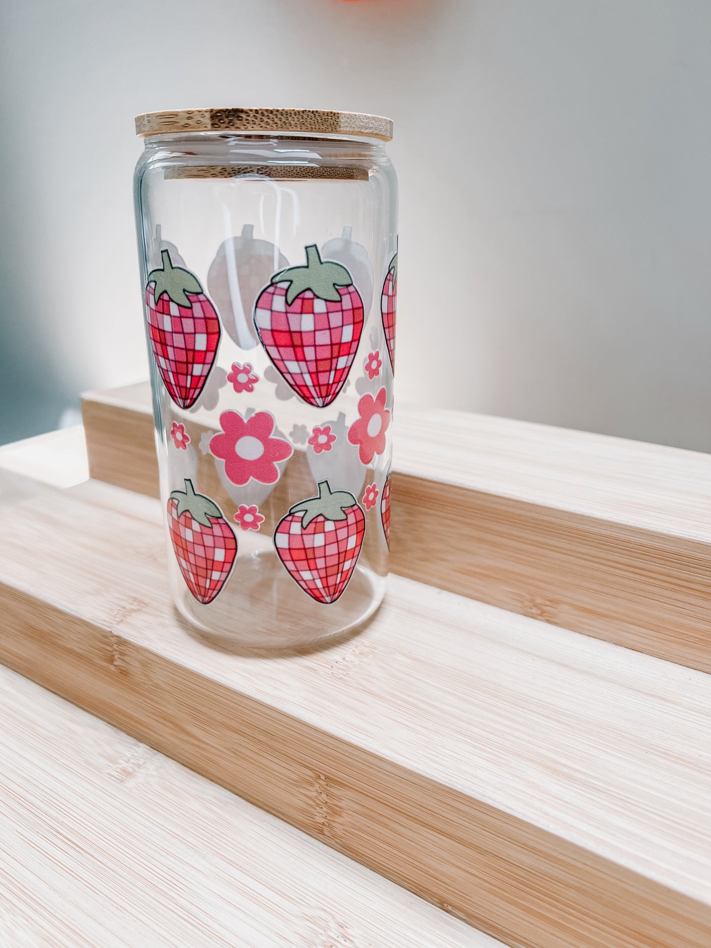 “Strawberry Disco Ball” Glass Cup & Glass Straw 16 OZ