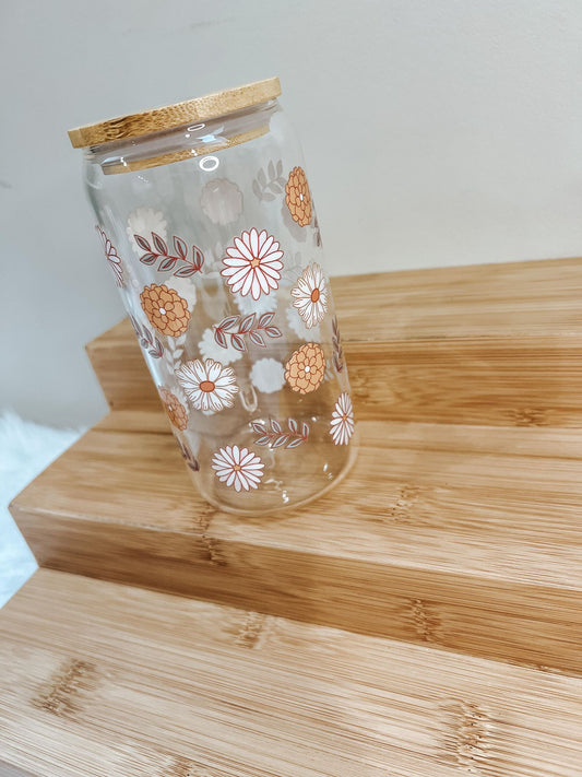 "White and brown BOHO Flower's" Glass Cup & Glass Straw 16OZ