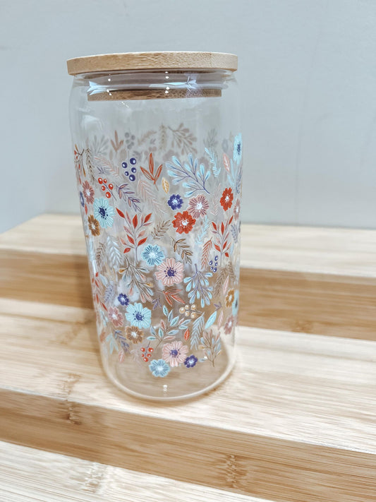 "BOHO flower's" Glass Cup & Glass Straw 16 OZ