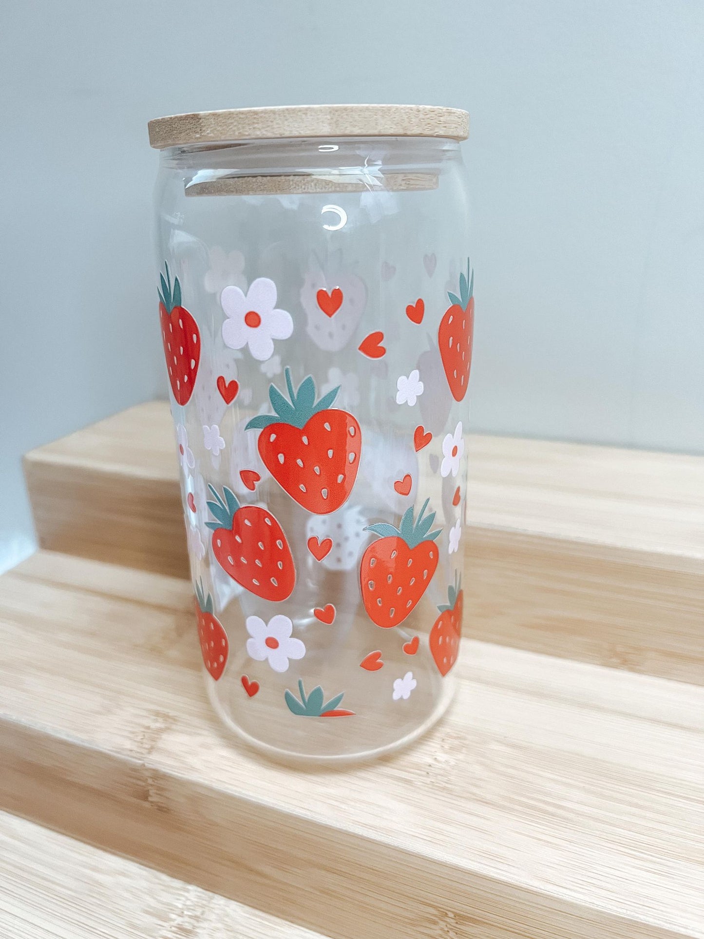 "Strawberry & Flower" Glass Cup & Glass Straw 16OZ