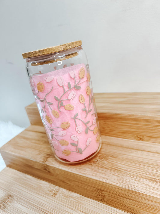 "Yellow and light Pink flower's" Glass Cup & Glass Straw 16OZ