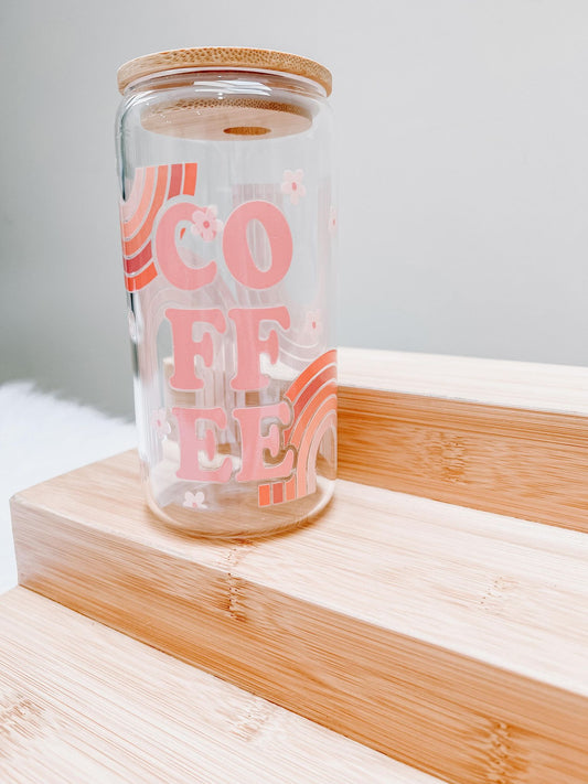 "BOHO Coffee Rainbow" Glass Cup & Glass Straw 160Z